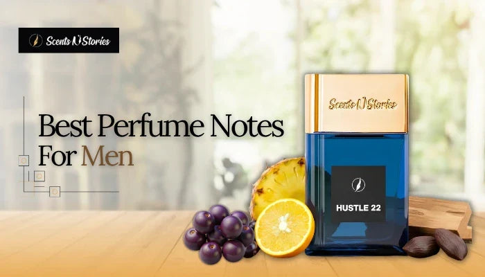 A bottle of Scents N Stories Hustle 22 fragrance surrounded by fresh fruit and wood ingredients, illustrating the Best Perfume Notes for Men.