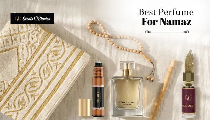 Promotional flat lay banner highlighting the Best Perfume for Namaz Pakistan by Scents N Stories, featuring Oud War roll-on oil, Oud Zest, and Al-Noor fragrance alongside a prayer mat, miswak, and tasbih beads.   