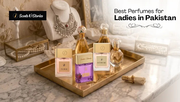 Scents 'N Stories web banner titled "Best Perfumes for Ladies in Pakistan" displaying women's perfume bottles, including "Florse," "Berry Blush," and "Merry Me," arranged on a golden tray.