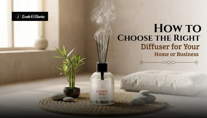 Guide banner for How to Choose the Right Diffuser for Your Home or Business by Scents N Stories, featuring an Evening Aura reed diffuser releasing scented vapor in a serene minimalist setting.
