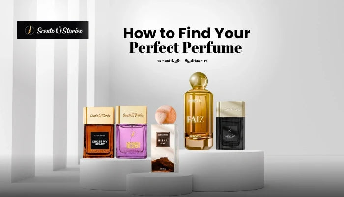 Scents 'N Stories web banner titled "How to Find Your Perfect Perfume" displaying various fragrance bottles staged on minimalist white pedestals.