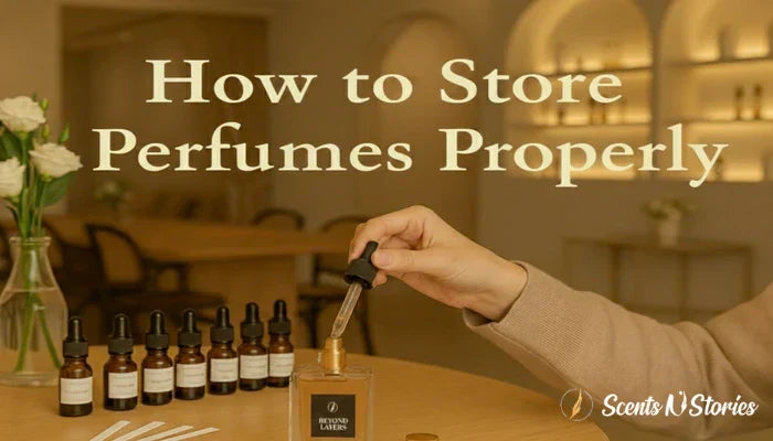 An elegant lifestyle image for Scents N Stories featuring the headline "How to Store Perfumes Properly" with various fragrance bottles on a wooden surface in warm lighting.