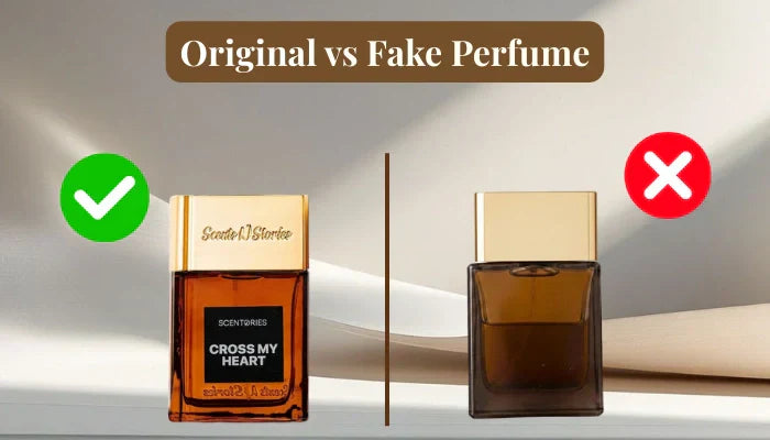 A visual comparison by Scents N Stories titled Original vs Fake Perfumes, featuring a "Cross My Heart" perfume bottle with a green checkmark next to a generic unbranded bottle with a red X.