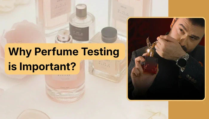 A man smelling a fragrance from a gold-capped bottle, illustrating Why Perfume Testing is Important for choosing the right scent at Scents N Stories.